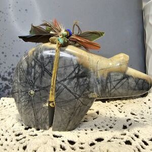 Picasso Marble Zuni Fetish Bear w Offering Bundle Accent Feather And Turquoise